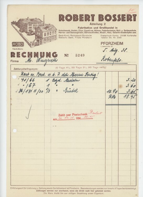 Firma M. Winzrieth (Kaufhaus)an Robert Bossert- Rechnung - 05.08.1938