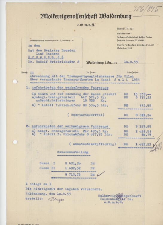 Rat des Bezirkesan Molkereigenossenschaft- Rechnung - 10.08.1953