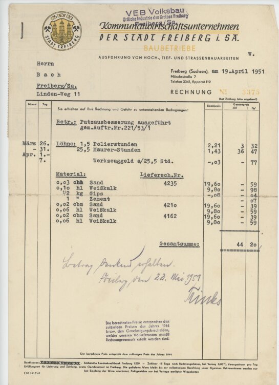 Herr Bachan Kommunikationsunternehmen der Stadt Freiberg in Sachsen- Rechnung - 19.04.1951