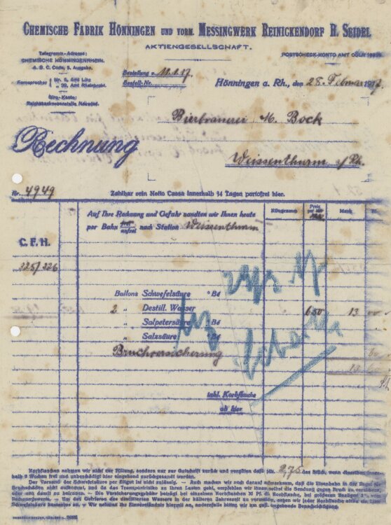 Bierbrauerei M. Bockan Chemische Fabrik und vormaliges Messingwerk Reinickendorf H. Seidel- Rechnung - 28.02.1917