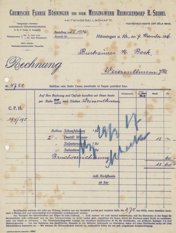 Bierbrauerei M. Bockan Chemische Fabrik und vormaliges Messingwerk Reinickendorf H. Seidel- Rechnung - 09.11.1916