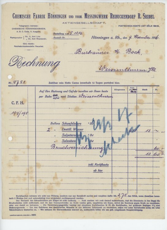 Bierbrauerei M. Bockan Chemische Fabrik und vormaliges Messingwerk Reinickendorf H. Seidel- Rechnung - 09.11.1916