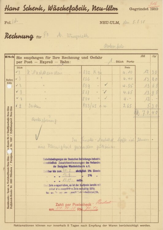 Firma M. Winzrieth (Kaufhaus)an Hans Schenk...