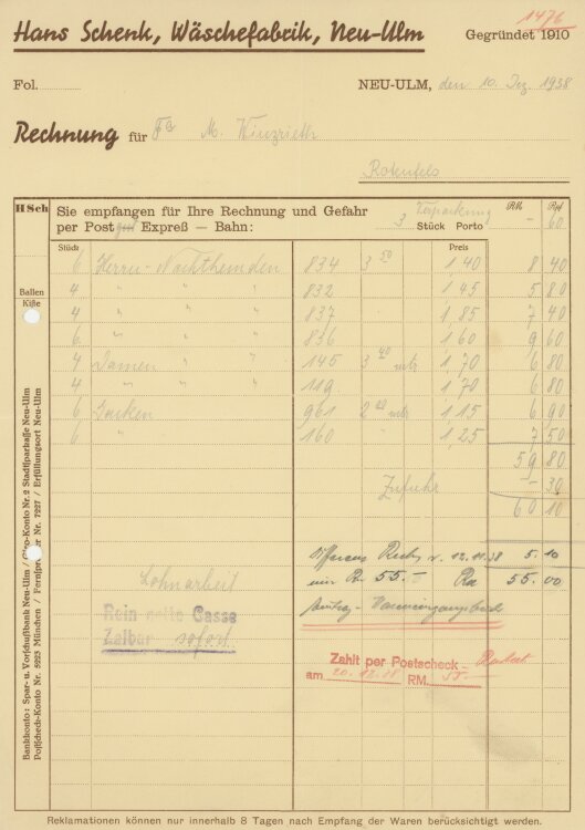 Firma M. Winzrieth (Kaufhaus)an Hans Schenk Wäschefabrik- Rechnung - 10.12.1938