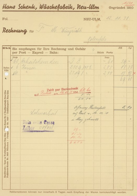 Firma M. Winzrieth (Kaufhaus)an Hans Schenk Wäschefabrik- Rechnung - 12.11.1938