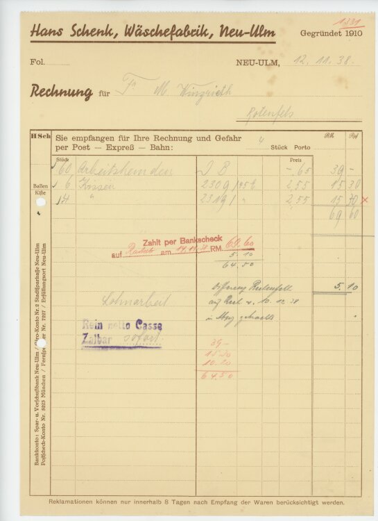 Firma M. Winzrieth (Kaufhaus)an Hans Schenk Wäschefabrik- Rechnung - 12.11.1938