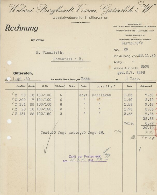 Firma M. Winzrieth (Kaufhaus)an Weberei Burghardt Vossen- Rechnung - 23.11.1930