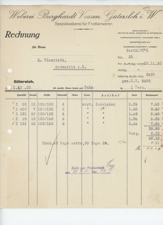 Firma M. Winzrieth (Kaufhaus)an Weberei Burghardt Vossen- Rechnung - 23.11.1930