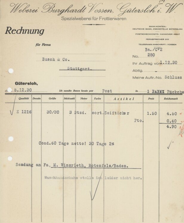 Firma M. Winzrieth (Kaufhaus)an Weberei Burghardt Vossen- Rechnung - 01.12.1930