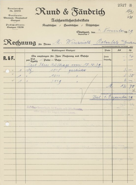 Firma M. Winzrieth (Kaufhaus)an Rund & Fändrich- Rechnung - 04.11.1929