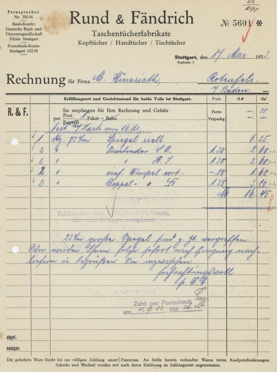 Firma M. Winzrieth (Kaufhaus)an Rund & Fändrich- Rechnung - 17.05.1933