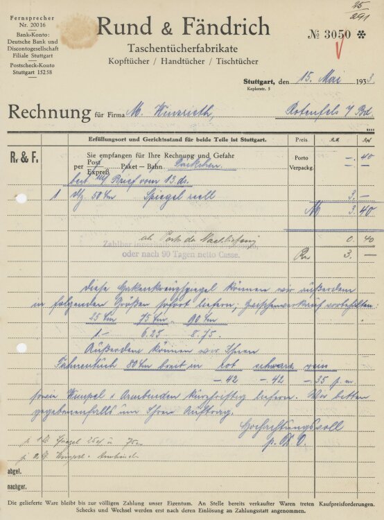 Firma M. Winzrieth (Kaufhaus)an Rund & Fändrich- Rechnung - 15.05.1933