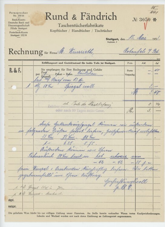 Firma M. Winzrieth (Kaufhaus)an Rund & Fändrich- Rechnung - 15.05.1933