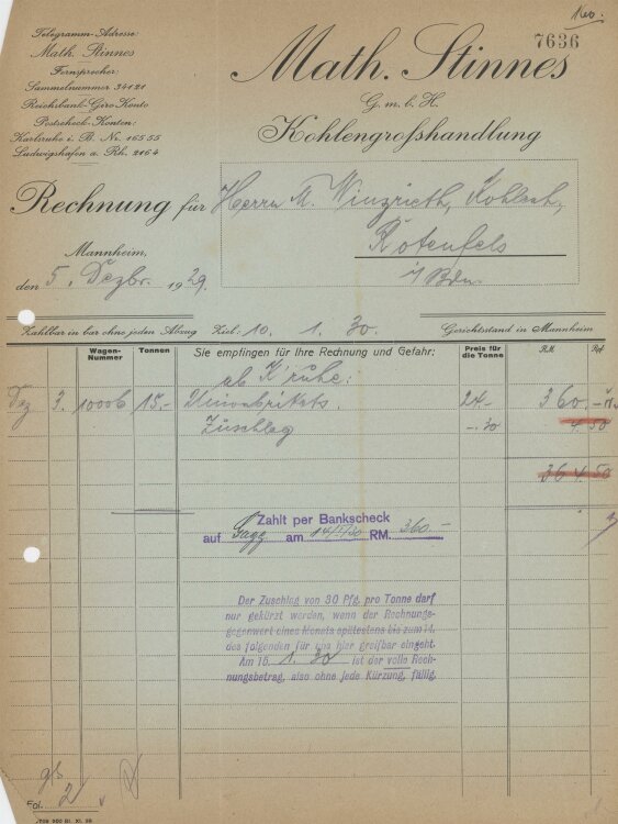 Firma M. Winzrieth (Kaufhaus)an Math. Stinnes GmbH- Rechnung - 05.12.1929