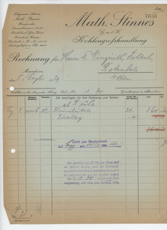 Firma M. Winzrieth (Kaufhaus)an Math. Stinnes GmbH- Rechnung - 05.12.1929