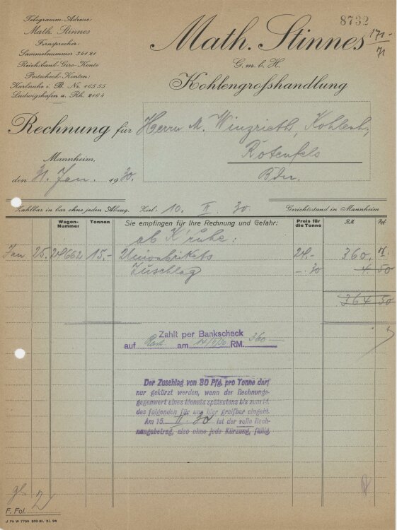 Firma M. Winzrieth (Kaufhaus)an Math. Stinnes GmbH- Rechnung - 10.02.1930