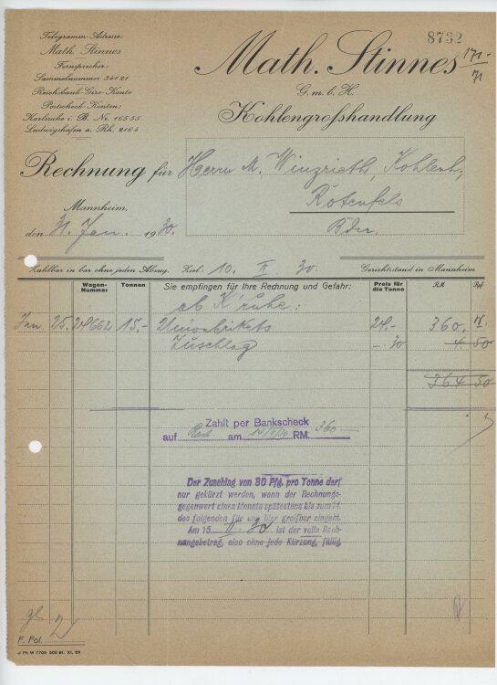 Firma M. Winzrieth (Kaufhaus)an Math. Stinnes GmbH- Rechnung - 10.02.1930