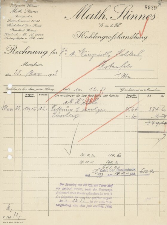 Firma M. Winzrieth (Kaufhaus)an Math. Stinnes GmbH- Rechnung - 25.11.1933