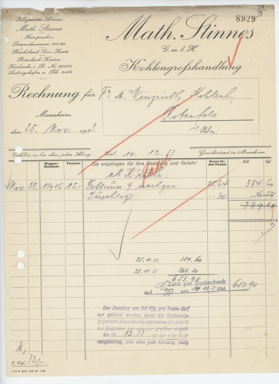 Firma M. Winzrieth (Kaufhaus)an Math. Stinnes GmbH- Rechnung - 25.11.1933