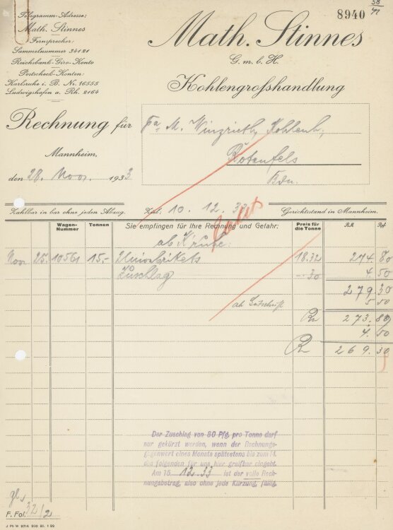 Firma M. Winzrieth (Kaufhaus)an Math. Stinnes GmbH- Rechnung - 28.11.1933