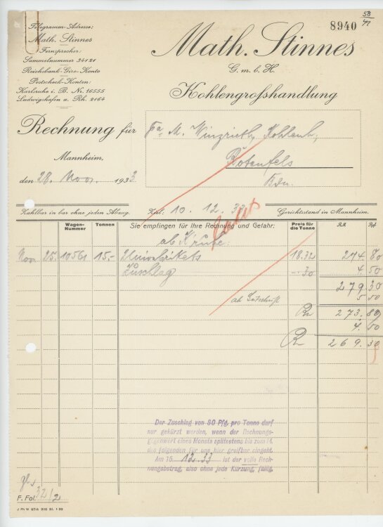 Firma M. Winzrieth (Kaufhaus)an Math. Stinnes GmbH- Rechnung - 28.11.1933