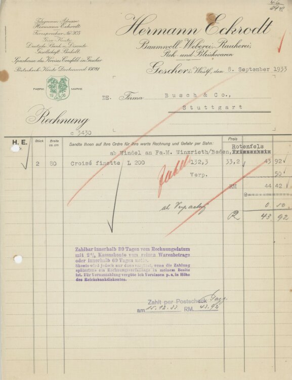 Firma M. Winzrieth (Kaufhaus)an Hermann Eckrodt Baumwoll-Weberei- Rechnung - 08.09.1933