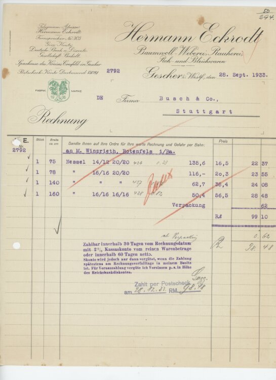 Firma M. Winzrieth (Kaufhaus)an Hermann Eckrodt...