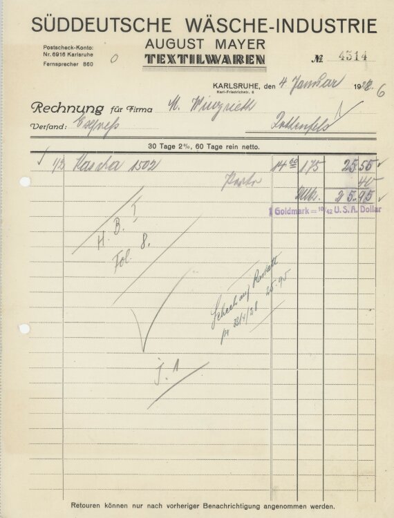 Firma M. Winzrieth (Kaufhaus)an Südeutsche Wäsche-Industrie August Mayer- Rechnung - 04.01.1928