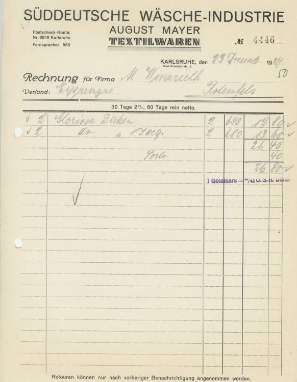 Firma M. Winzrieth (Kaufhaus)an Südeutsche Wäsche-Industrie August Mayer- Rechnung - 23.12.1924