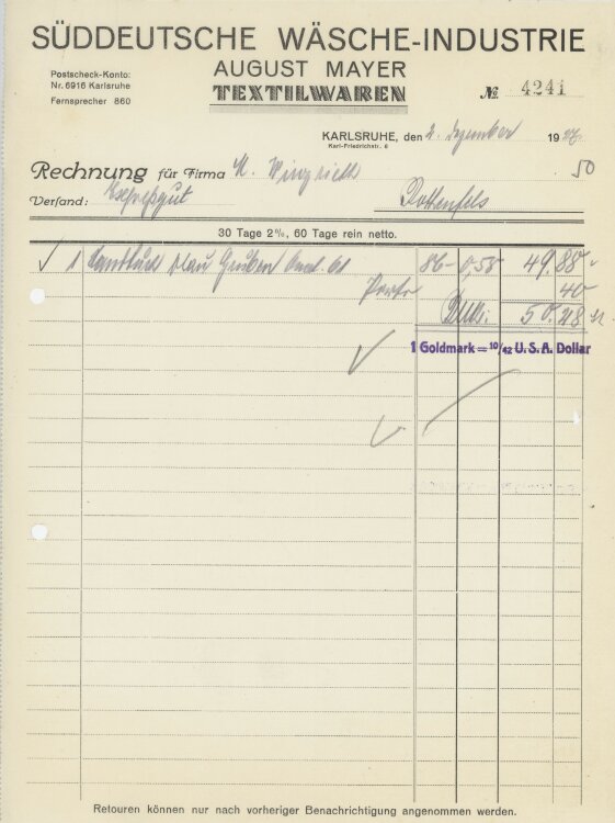 Firma M. Winzrieth (Kaufhaus)an Südeutsche Wäsche-Industrie August Mayer- Rechnung - 02.12.1927