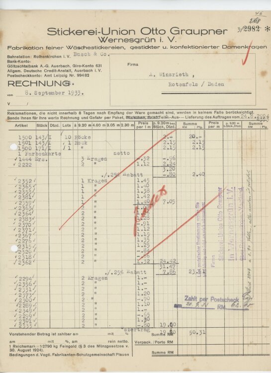 Firma M. Winzrieth (Kaufhaus)an Stickerei-Union Otto...