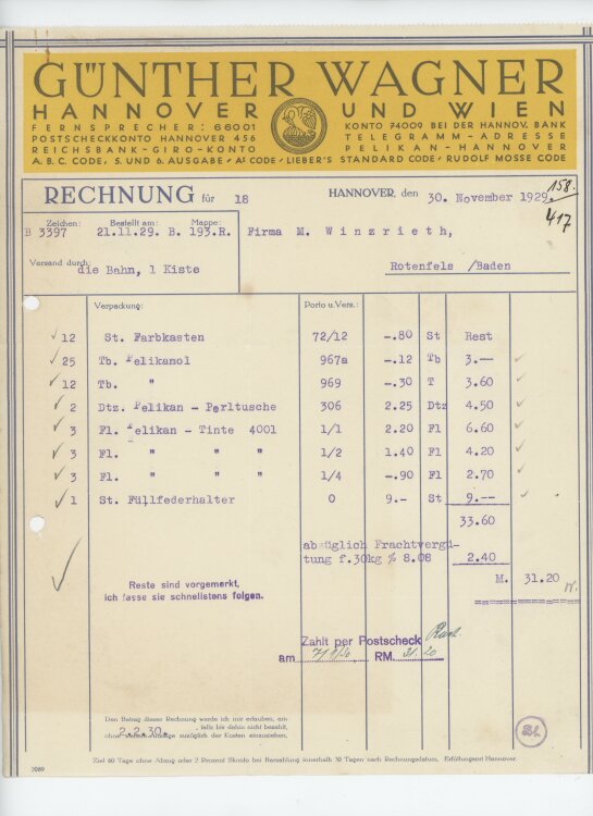 Firma M. Winzrieth (Kaufhaus)an Günther Wagner- Rechnung - 30.11.1929