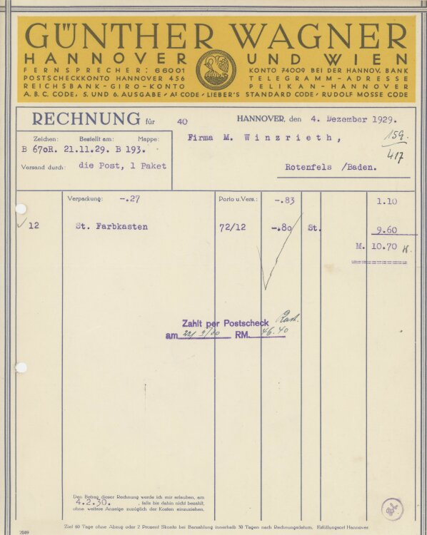 Firma M. Winzrieth (Kaufhaus)an Günther Wagner- Rechnung - 04.12.1929