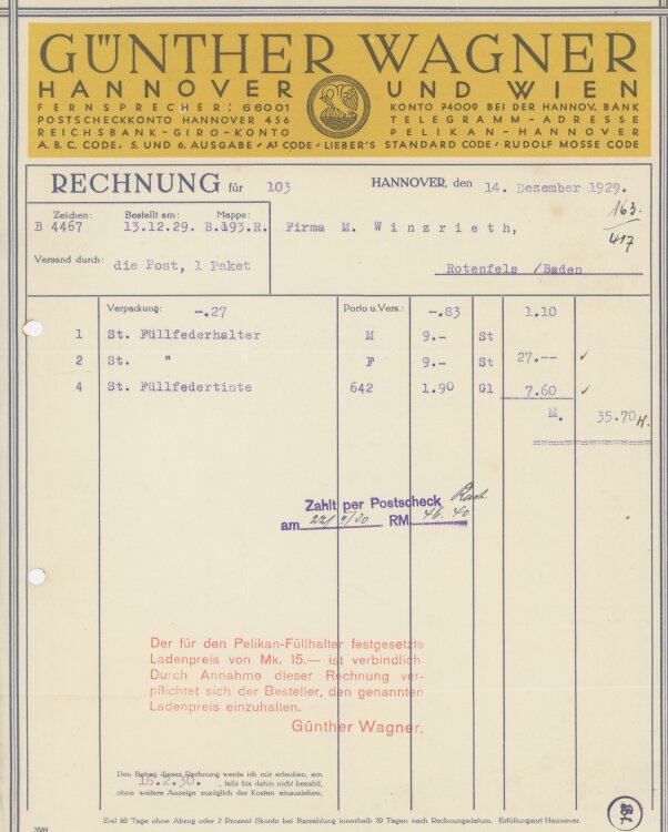 Firma M. Winzrieth (Kaufhaus)an Günther Wagner- Rechnung - 04.12.1929