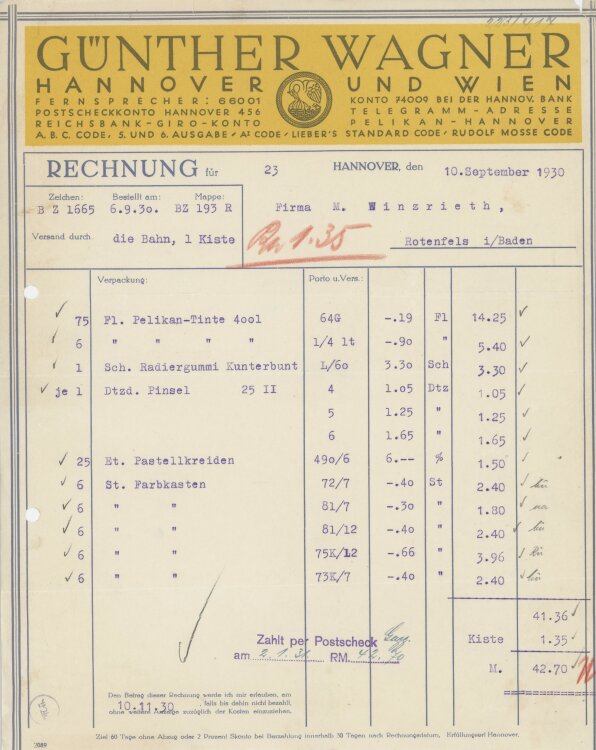 Firma M. Winzrieth (Kaufhaus)an Günther Wagner- Rechnung - 10.09.1930