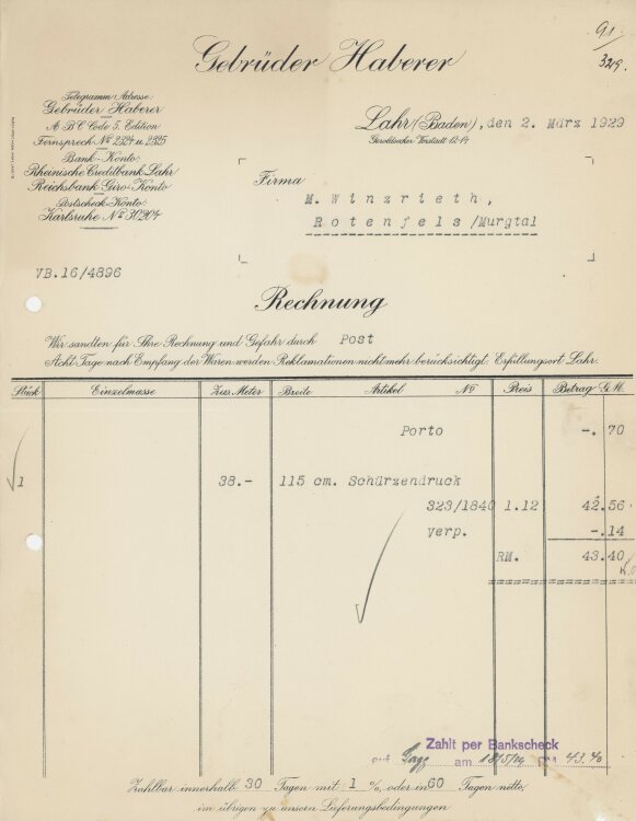 Firma M. Winzrieth (Kaufhaus)an Gebrüder Haberer- Rechnung - 02.03.1929