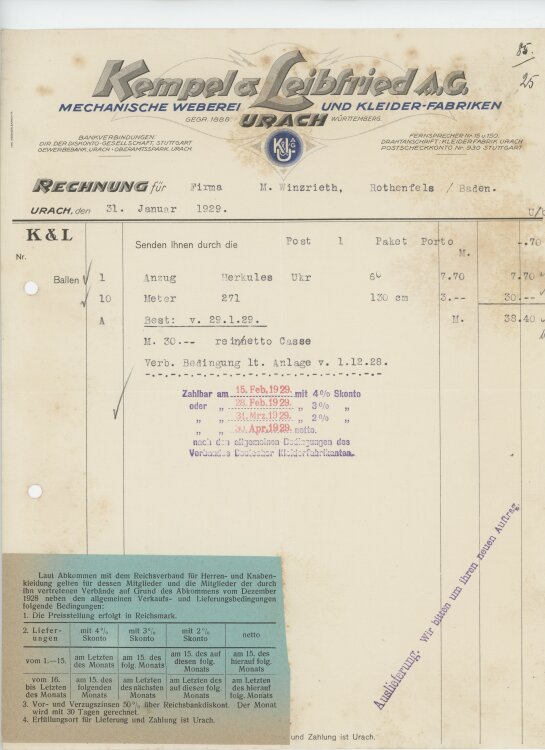 Firma M. Winzrieth (Kaufhaus)an Kempel & Leibfried AG- Rechnung - 31.01.1929