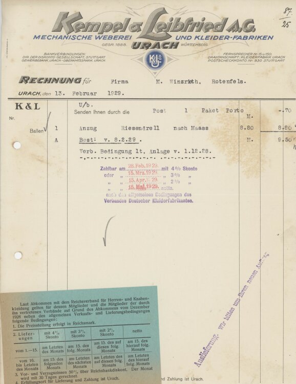 Firma M. Winzrieth (Kaufhaus)an Kempel & Leibfried AG- Rechnung - 13.02.1929