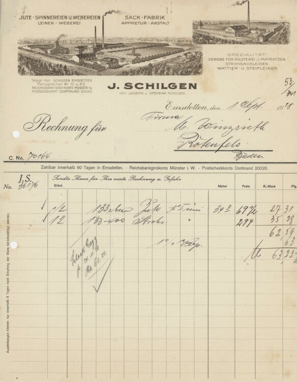 Firma M. Winzrieth (Kaufhaus)an J. Schilgen Inh. Joseph u. Stephan Schilgen- Rechnung - 01.09.1928