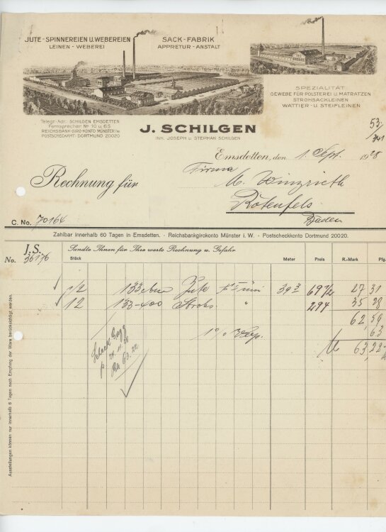 Firma M. Winzrieth (Kaufhaus)an J. Schilgen Inh. Joseph u. Stephan Schilgen- Rechnung - 01.09.1928