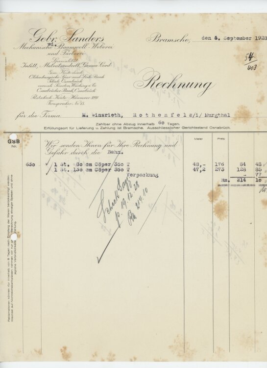 Firma M. Winzrieth (Kaufhaus)an Gebr. Sander- Rechnung - 06.09.1928