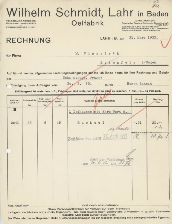 Firma M. Winzrieth (Kaufhaus)an Wilhelm Schmidt- Rechnung - 31.03.1933