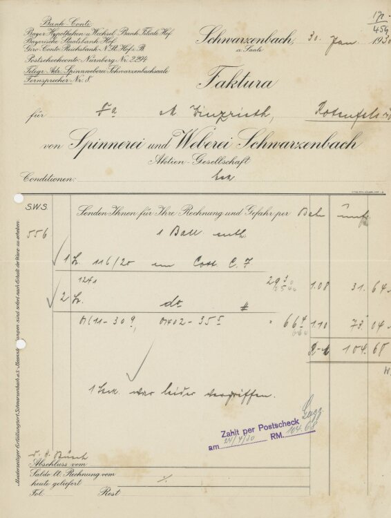 Firma M. Winzrieth (Kaufhaus)an Spinnerei und Weberei Schwarzenbach- Rechnung - 30.01.1930