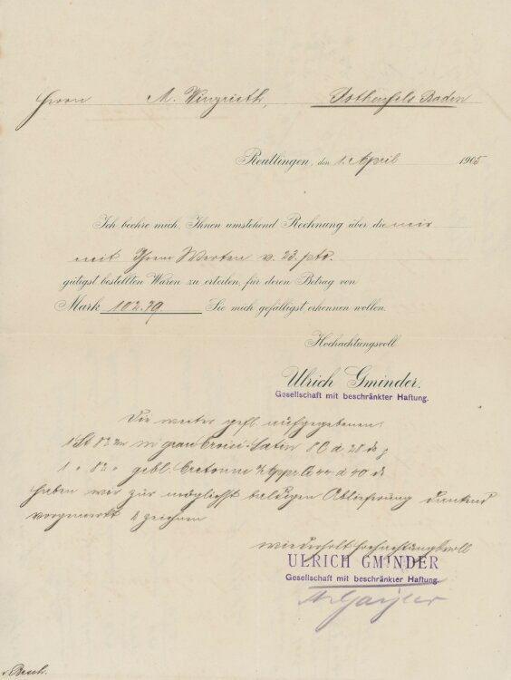 Firma M. Winzrieth (Kaufhaus)an Ulrich Gminder GmbH- Zahlungserinnerung - 01.04.1905