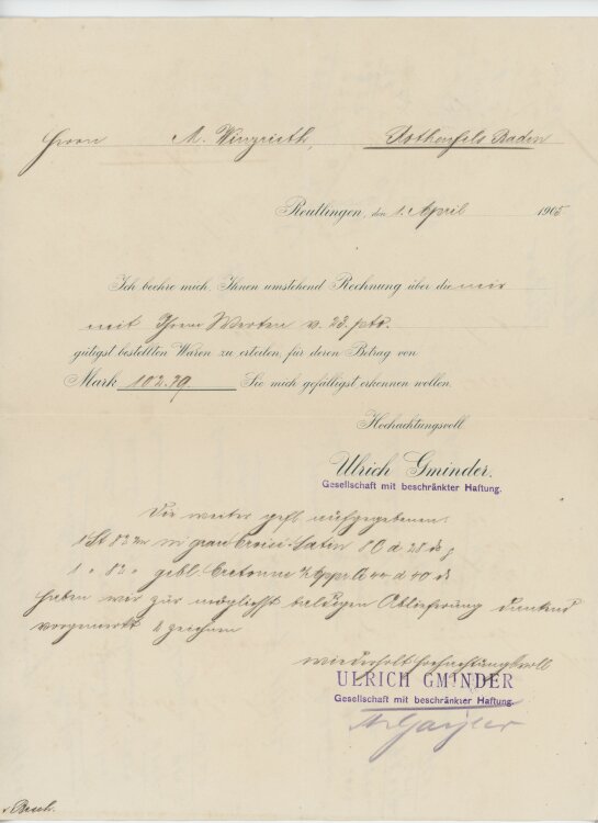 Firma M. Winzrieth (Kaufhaus)an Ulrich Gminder GmbH- Zahlungserinnerung - 01.04.1905