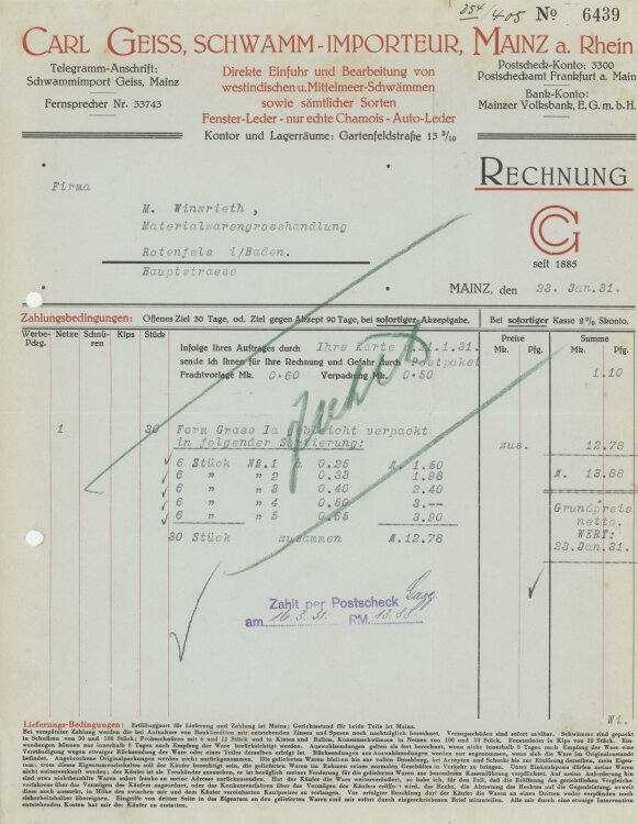 Firma M. Winzrieth (Kaufhaus)an Carl Geiss Schwamm-Importeur- Rechnung - 23.01.1931