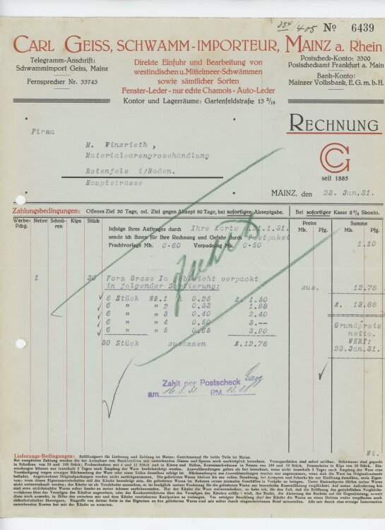 Firma M. Winzrieth (Kaufhaus)an Carl Geiss Schwamm-Importeur- Rechnung - 23.01.1931