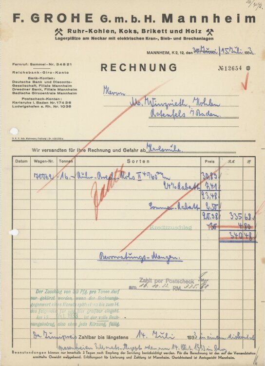 Firma M. Winzrieth (Kaufhaus)an F. Grohe GmbH- Rechnung - 15.07.1933