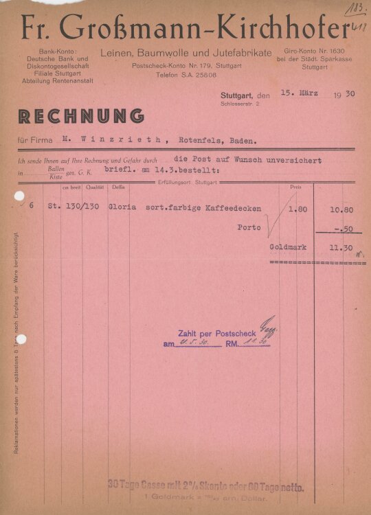 Firma M. Winzrieth (Kaufhaus)an Fr. Großmann-Kirchhofer- Rechnung - 15.03.1930