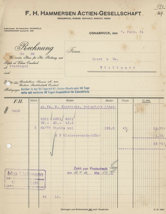 Firma M. Winzrieth (Kaufhaus)an F. H. Hammersein AG- Rechnung - 07.02.1931